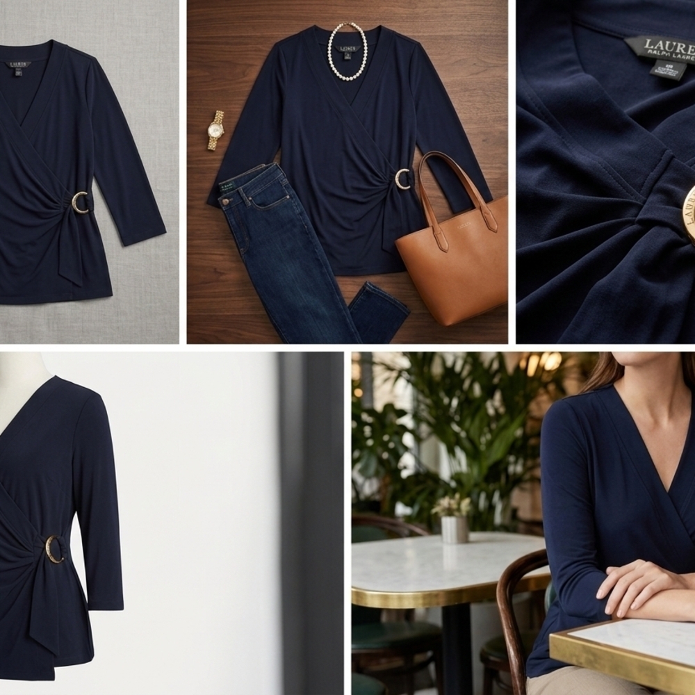 Lauren Ralph Lauren Navy Wrap Blouse